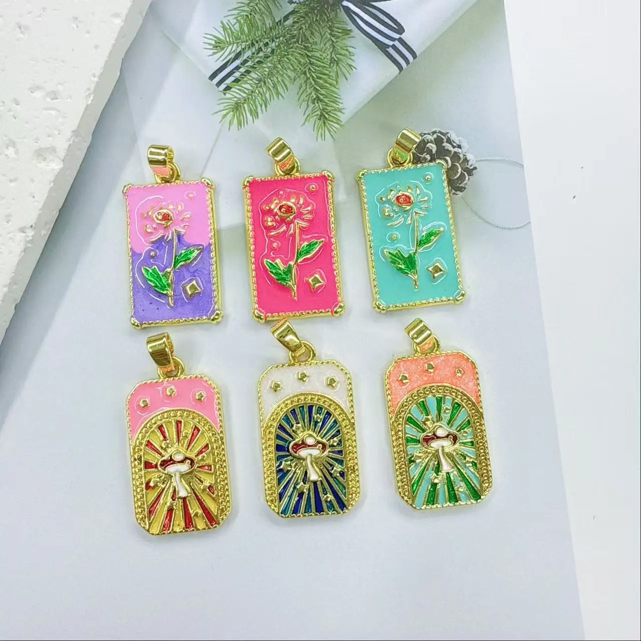 

4Pcs copper fashion enamel rose mushroom square tarot pendant necklace popular versatile DIY pendant accessories material