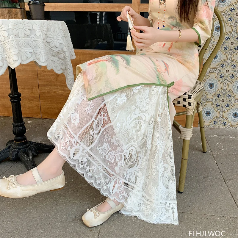 Matching Cheongsam Qipao Skirts New Year Fashion Cute Girls Sweet Princess Romantic Lace High Waist A Line Long Lace Skirts