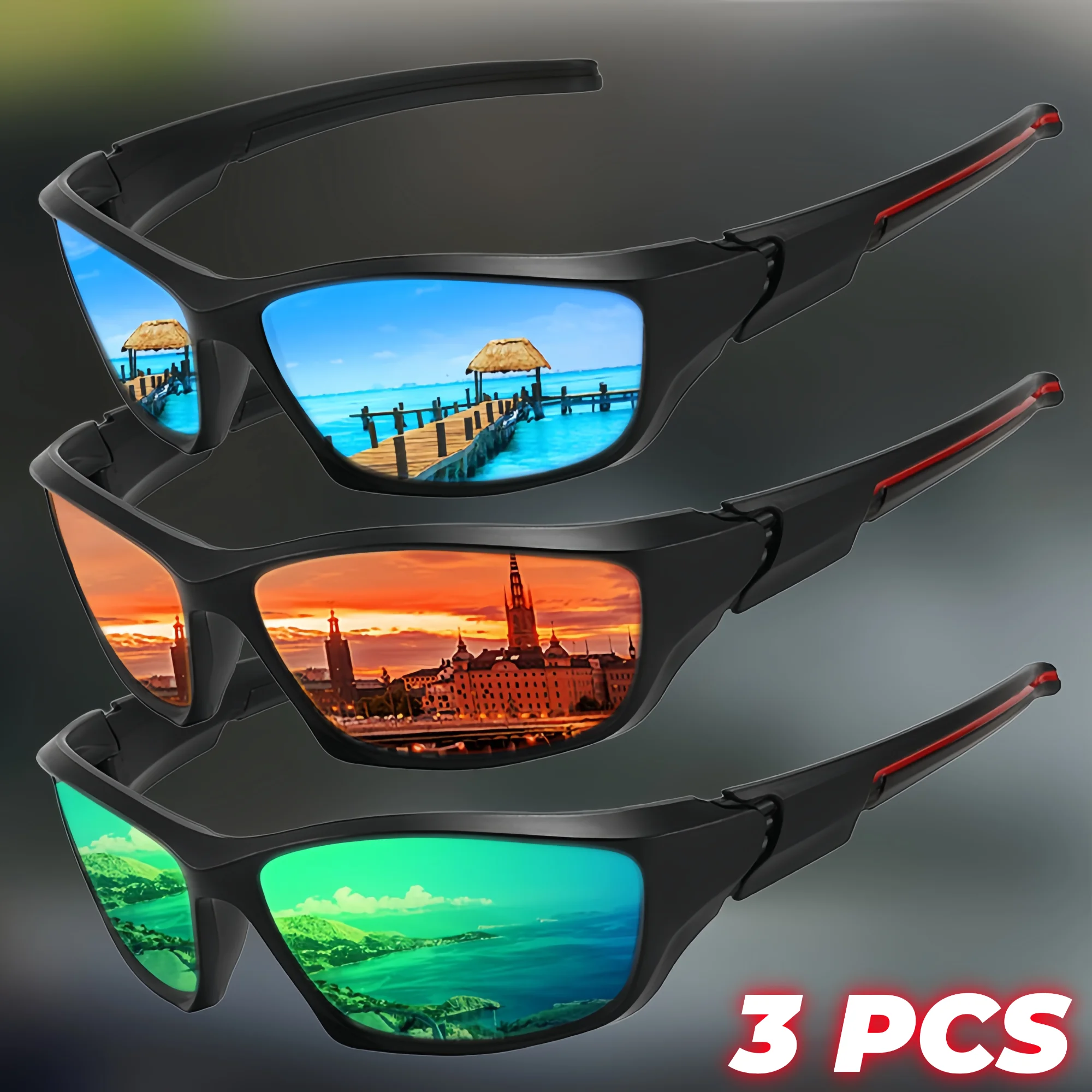 3 Stück Retro-Sport-Sonnenbrillen, umlaufende rote Bügelakzente, leicht, UV400, für Radfahren, Angeln, Unisex, Outdoor, Vintage-Brillen