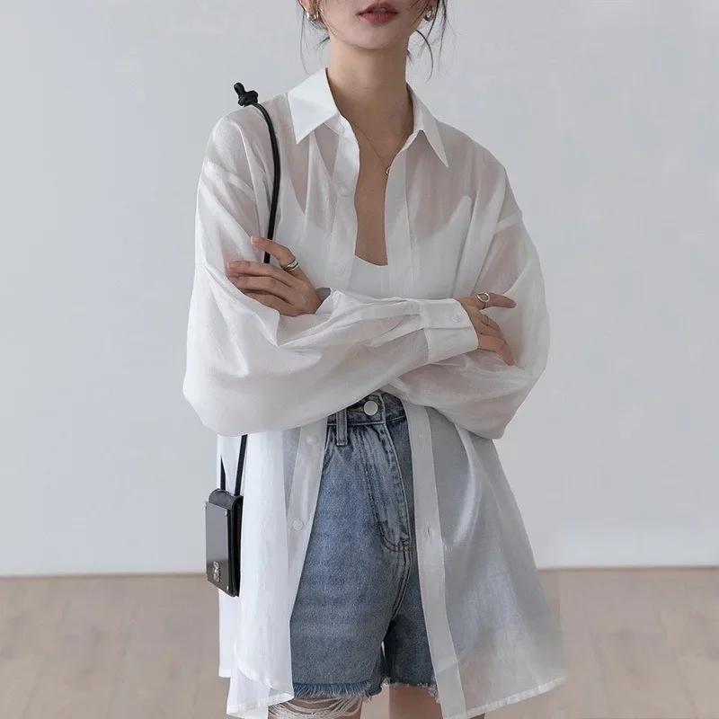 Korean Sunscreen Shirt Women 2023 Summer Clothes Fashion Bandage Blouses Elegant Loose Long Sleeve See Through White Tops