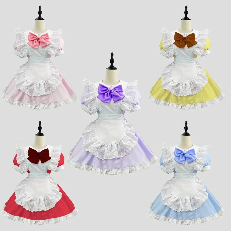 

New Women Girls Cute Cosplay Black Pink Blue Purple Yellow Green Maid Outfit Lolita Dress Waitress Costumes with Headband S-5XL