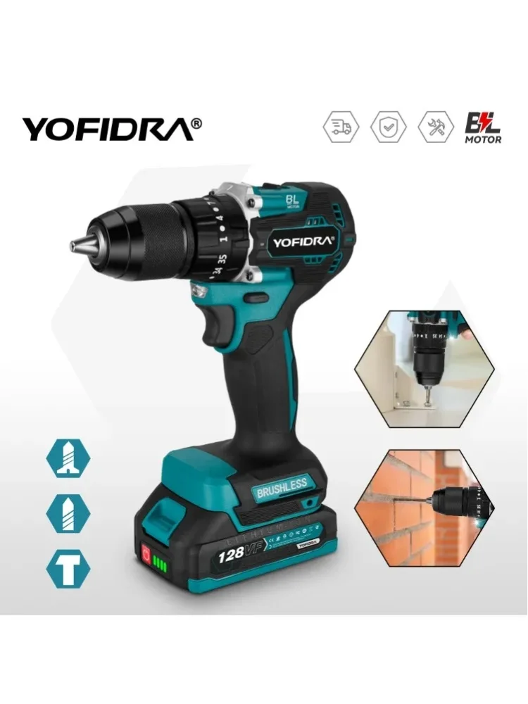 YOFIDRA 35+2 Drehmoment 13MM Bürstenloser Elektrischer Schlagbohrer Kabelloser Holzbearbeitungs-Schraubendreher Elektrowerkzeug für Makita Akku