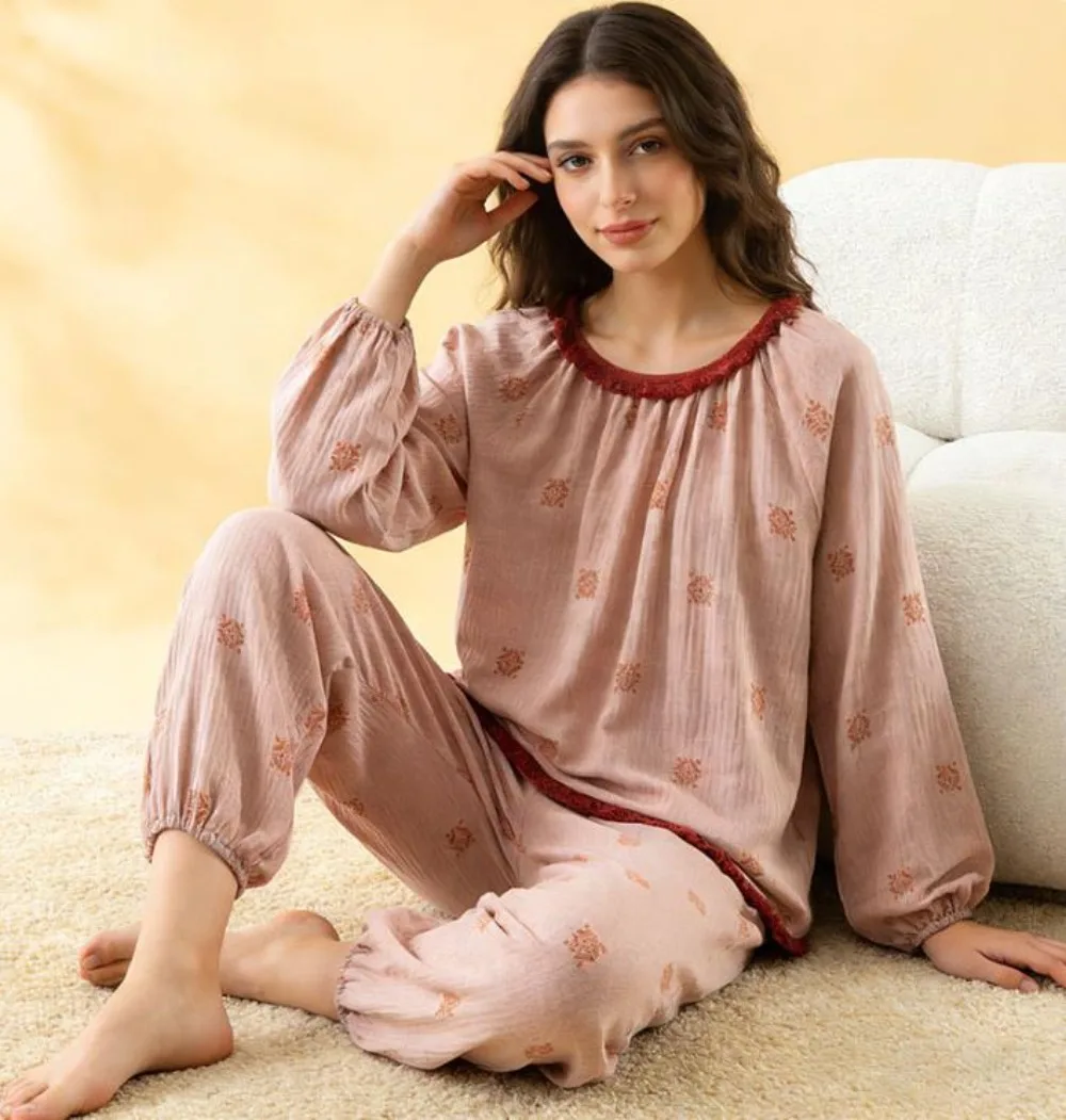 

100% Cotton Women's Pajamas Set Floral Spring Autumn Sleepwear for Sleeping Lounge Wear O-Neck Tops and Trousers Set Pijama