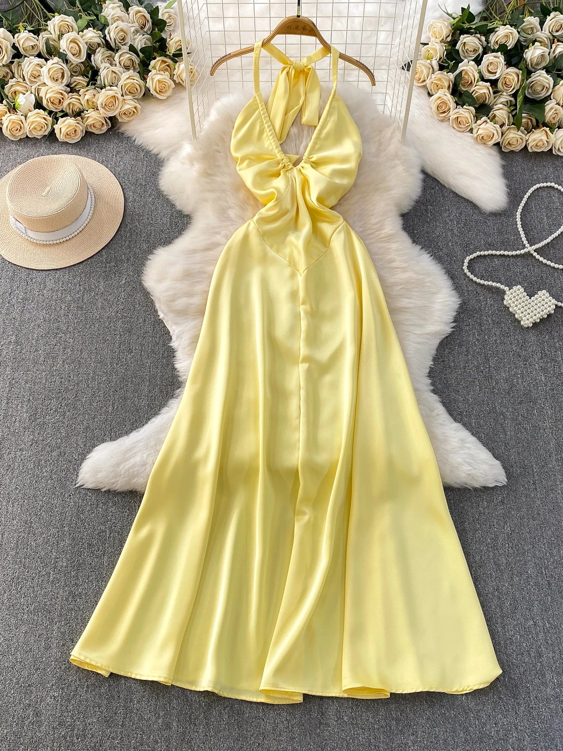 

Pure Desire Silk Satin V-Ne Bal Hanging Ne Dr Women's Summer High-End Smooth Slimming Long Skirt Ele A-Line