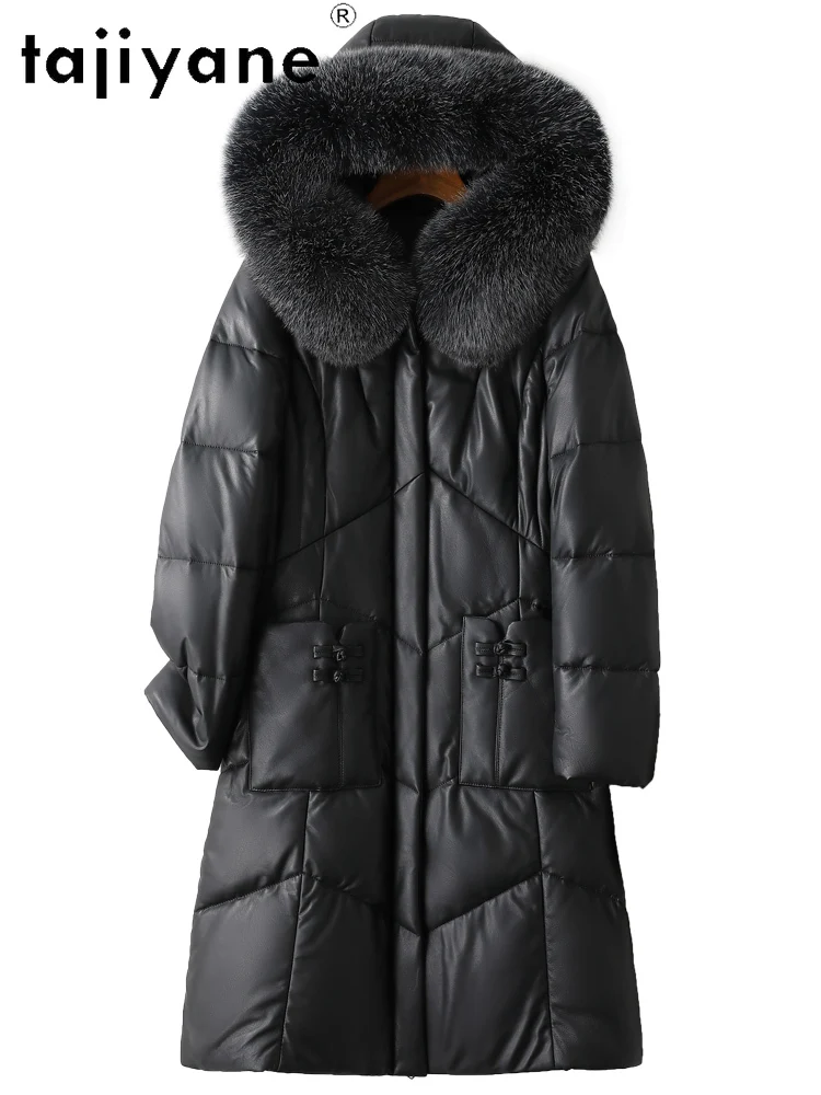 TAJIYANE 100% أعلى الحبوب جلد الغنم أوزة أسفل معطف طويل الجلد الحقيقي سترة منفوخة النساء مع الثعلب الفراء طوق 2025 الملابس الشتوية