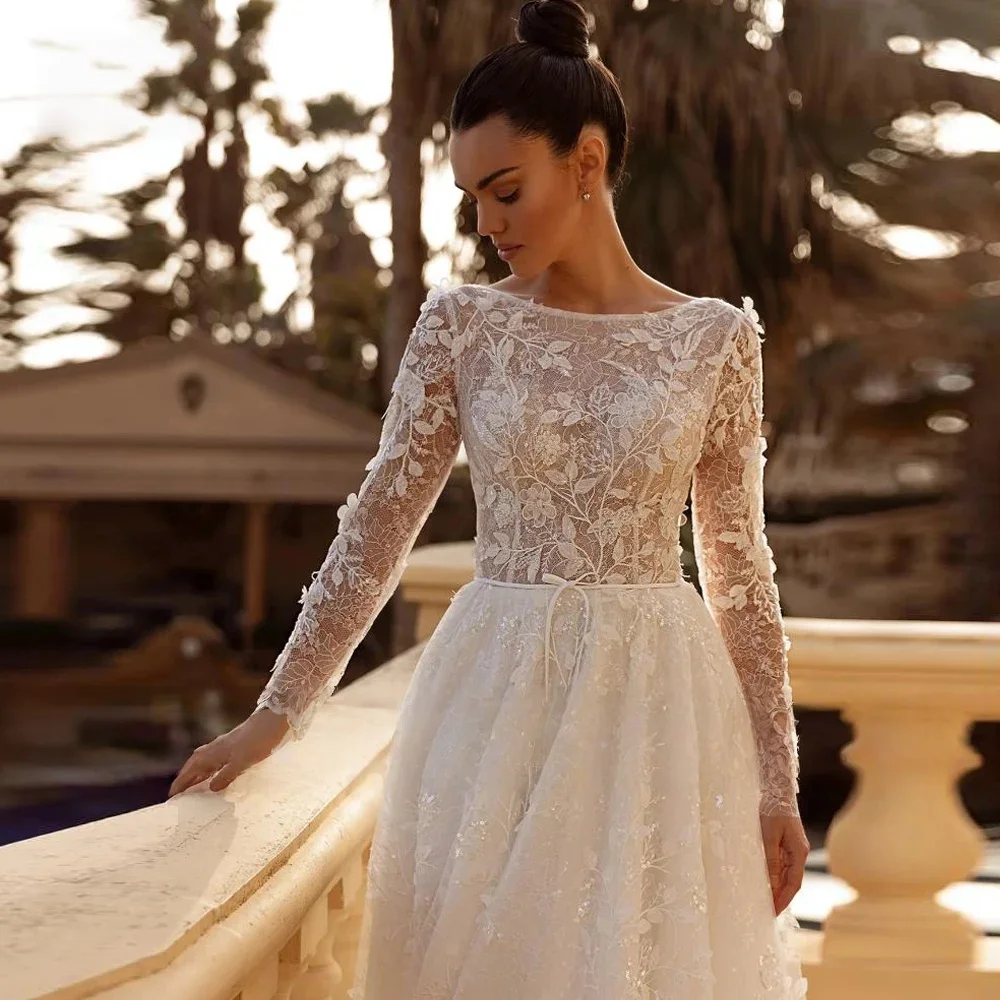 

A-Line Graceful Wedding Dresses O-Neck Gorgeous Long Sleeve Lace Embroidery Stunning Custom Made Bridal Gown Vestidos De Novia
