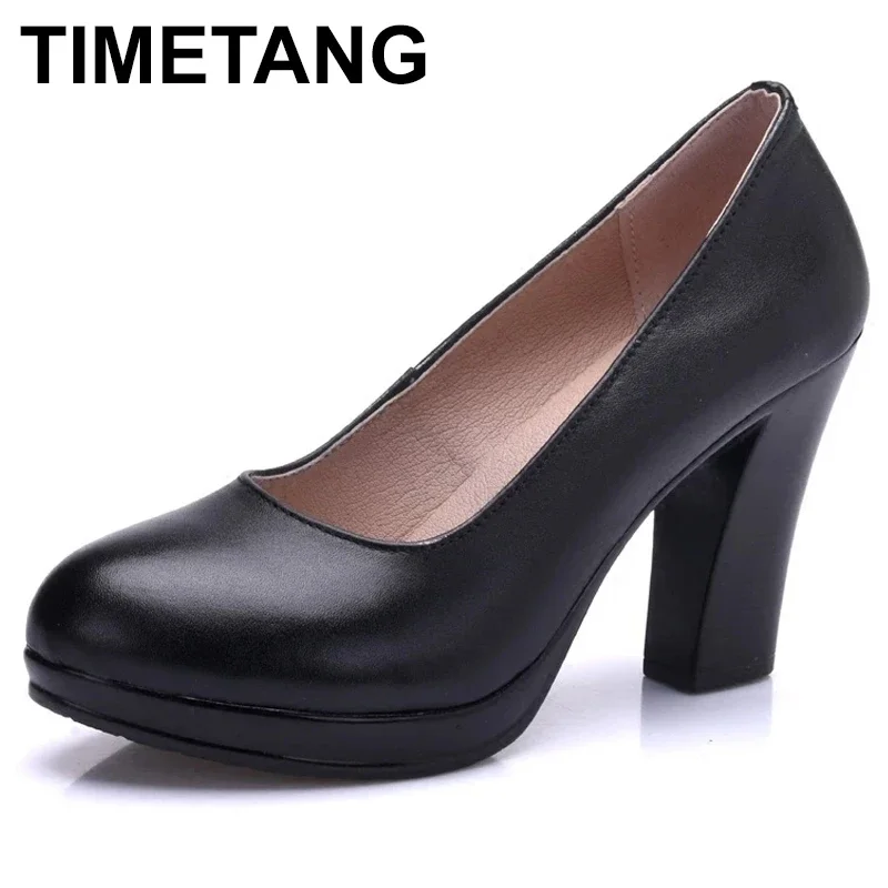 

TIMETANGGenuine Leather shoes Women Round Toe Pumps Sapato feminino High Heels Shallow Fashion Black Work Shoe Plus Size 33-43