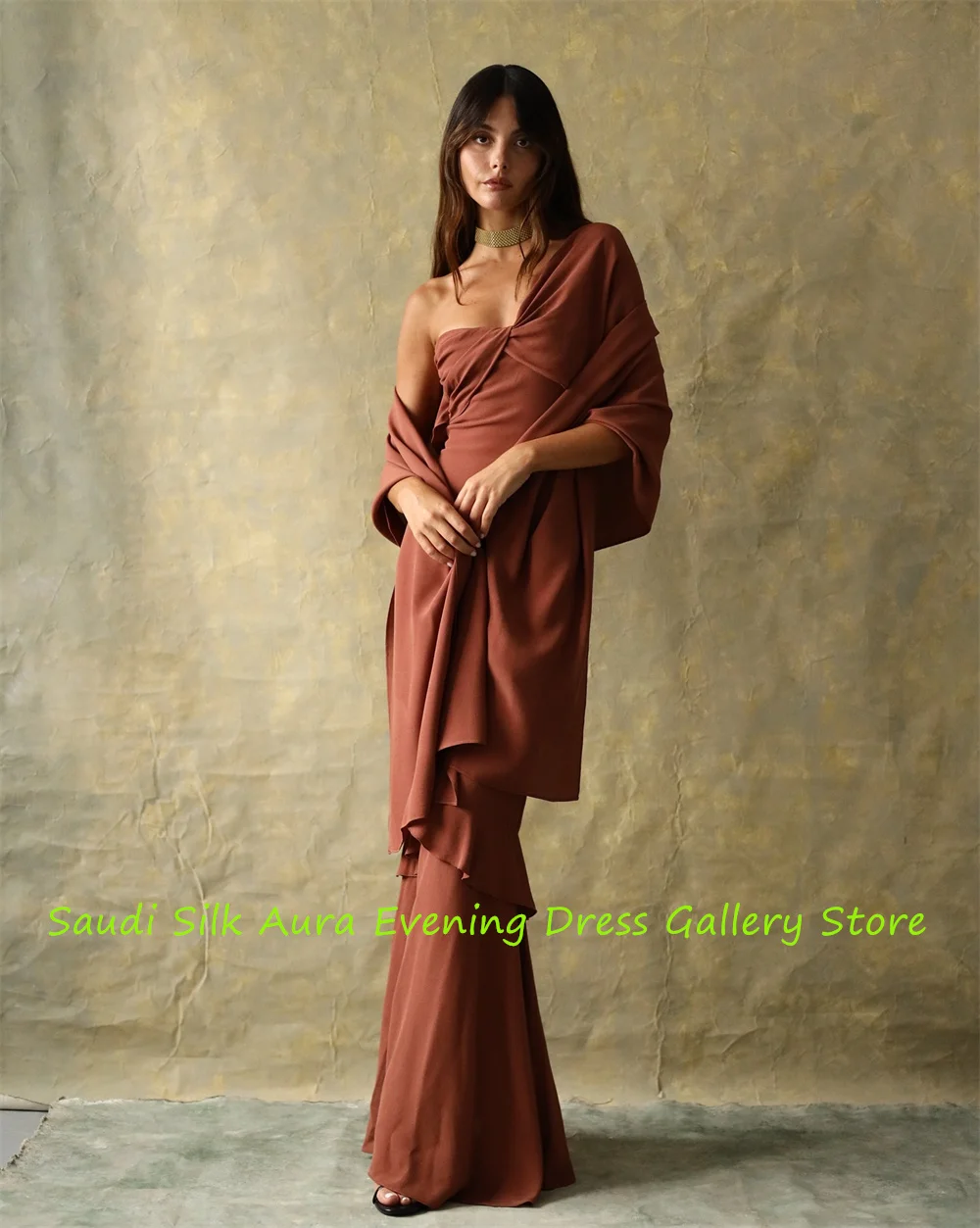 Aangepaste hoge kwaliteit Russet Jersey avondjurk zeemeermin een schouder feestjurk linten beroemdheidsjurken van hoge kwaliteit