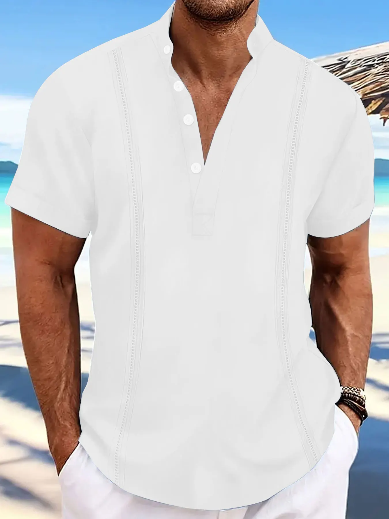 Men's short sleeved shirt Popular striped polo shirt Solid color half cardigan button up stand up collar top Hot sale Men's wear