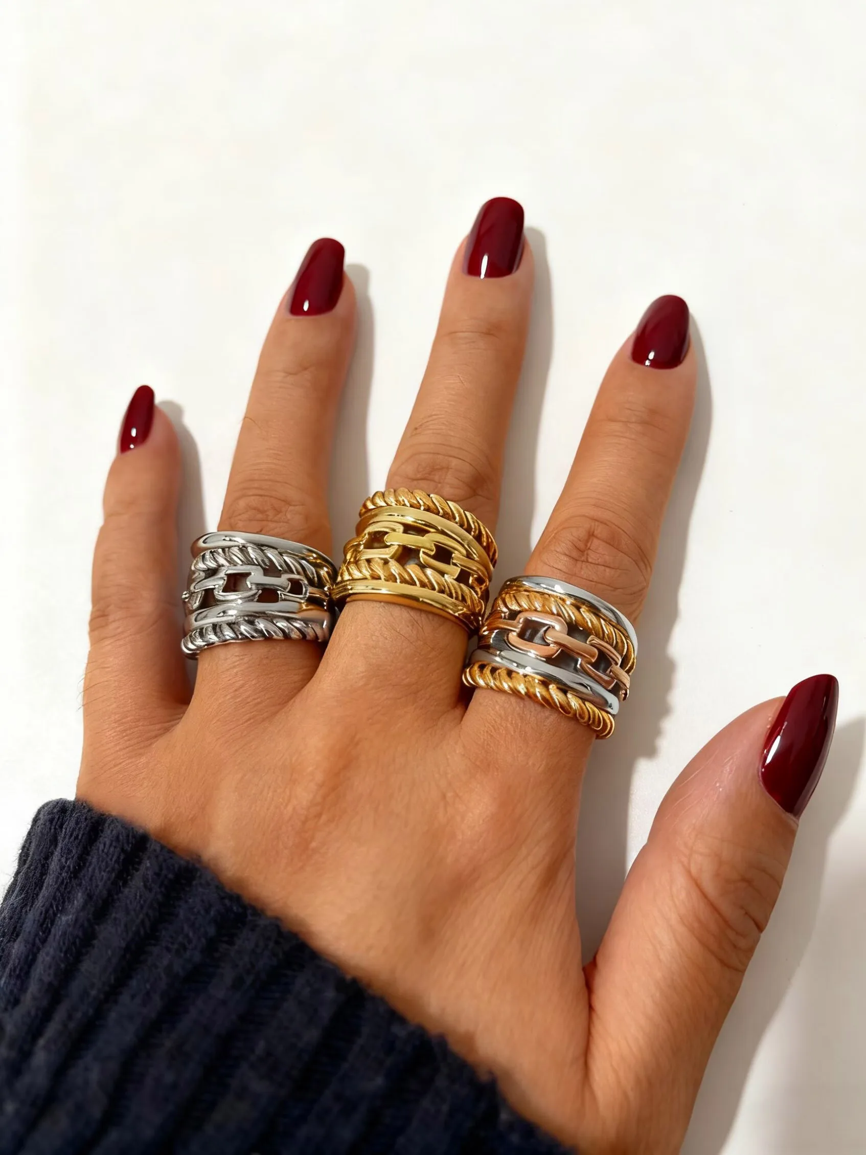 GHIDBK Stainless Steel Gold-Plated Multi-Layer RotateTwists Wide Face Ring Women Fashion Niche Charm Jewelry Waterproof Gifts