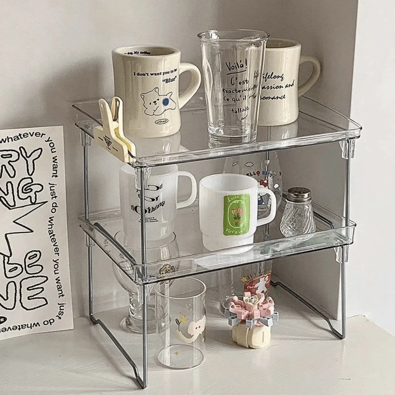 Transparent Double Desktop Shelf Acrylic Cup Holder Foldable Kitchen Bathroom
