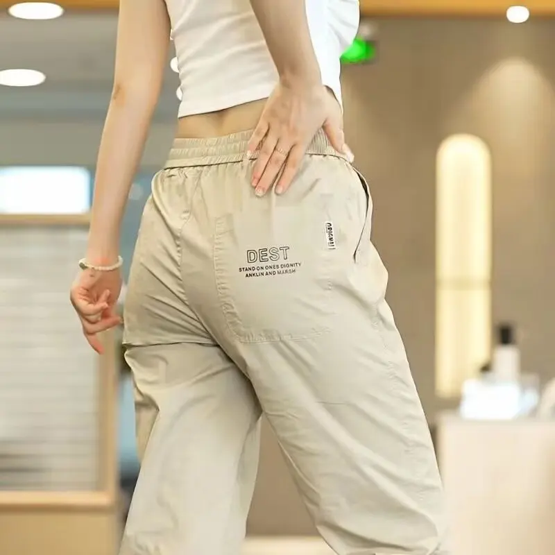 Summer Casual Pants Women's Thin Trendy Sports Korean Style Nine Points Cuffed Workwear Large Size Breathable Ice Silk Pants