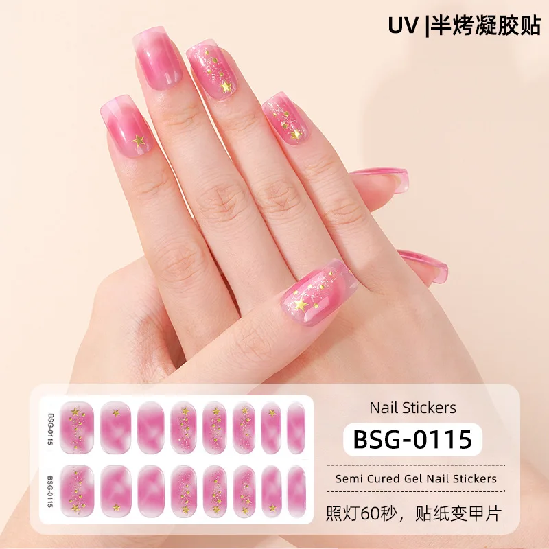 16 Tips Internet Celebrity Semi-cured Gel Nail Stickers 3D Gold Stamping Phototherapy Nail Enamel Adhesive  Nail Art Stickers