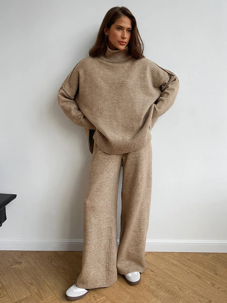 

Autumn Winter Warm Knitted Pants Two Piece Sets for Women Fashion Turtleneck Sweater and High Waist Trousers Suits Casual Sets