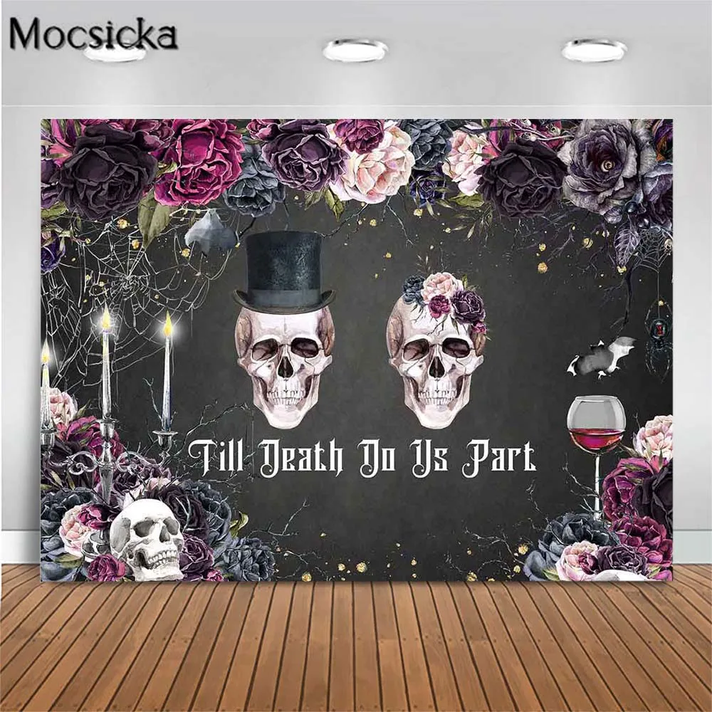 

Mocsicka Ghost Couple Skeleton Halloween Backdrop Burgundy Flower Till Death Do Us Part Photo Background Studio Photography Prop