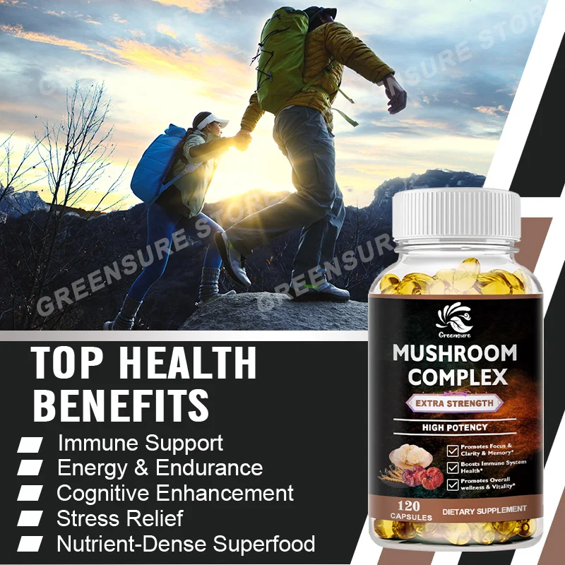 Vegan 10x Mushroom Complex Capsules with Lion's Mane, Chaga, Reishi, Cordyceps For Men and Women Relief Stress Dietary Supplemen