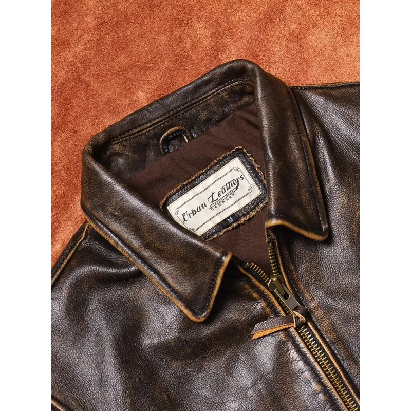Men\'s leather jacket classic J100 brown and yellow leather retro cowhide motorcycle riding suit short, sportsman, fashion