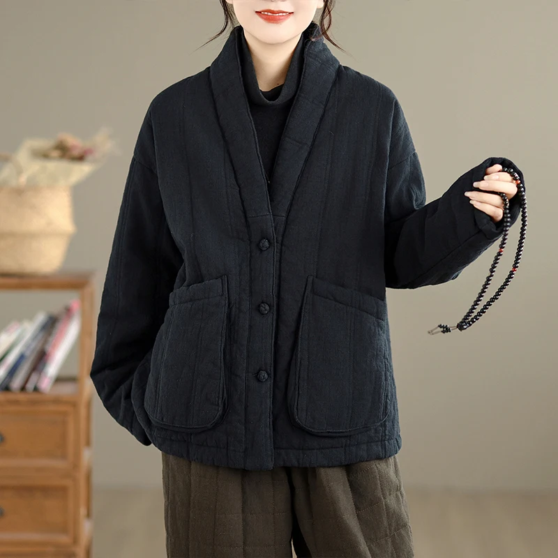 

Thiened зимнее хлопково-льняное женское пальто большого размера на одной пуговице однотонное художественное ретро длинное пальто све V-Ne верхняя одежда