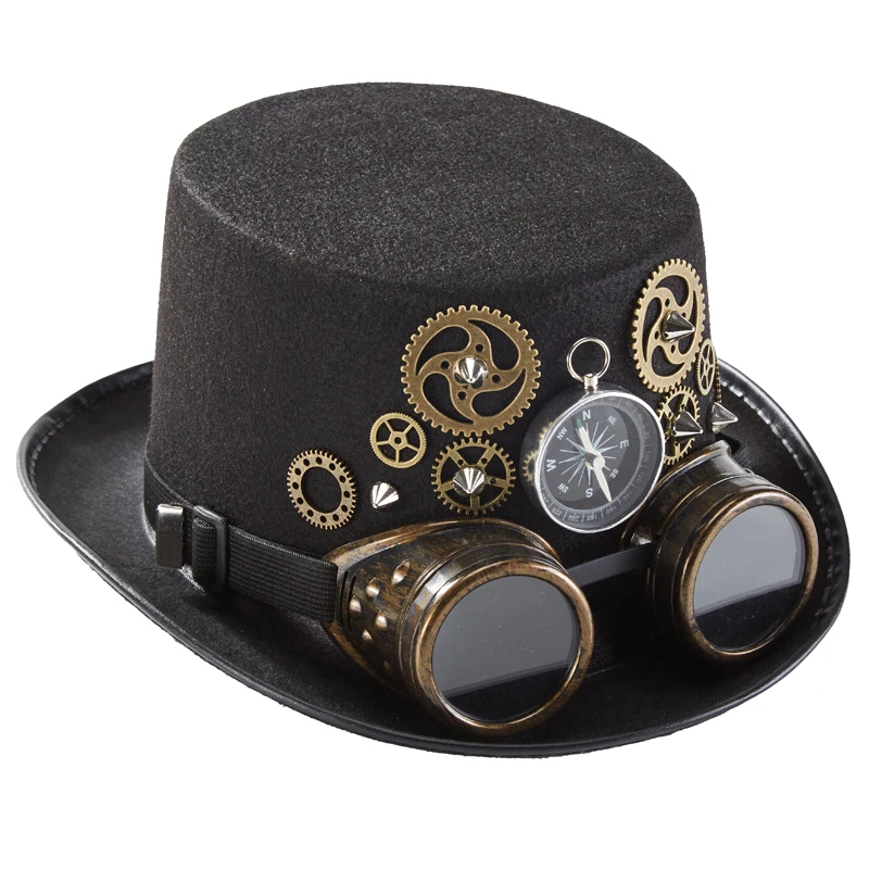 

Steampunk Top Hat Wool Felt Victorian Hat with Goggles Unisex Costume Top Gothic Hippies Cosplay Props