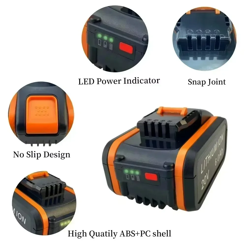 Аккумулятор Worx WA3553 20V 6.0Ah для беспроводных электроинструментов, запасные батареи WA3572, WA3553, WX390, WA3551, WX176, WX178