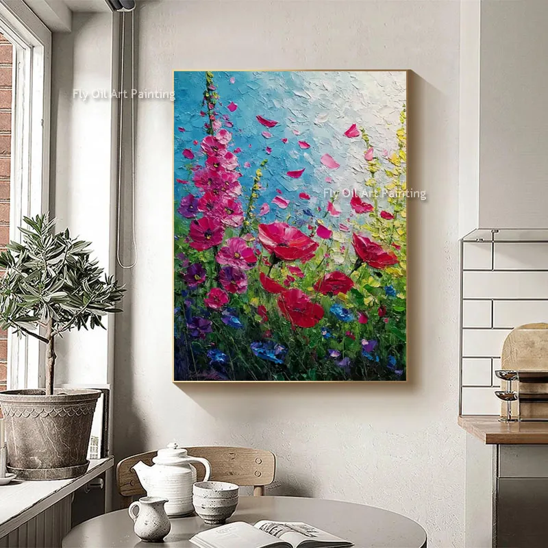 Vibrant Poppy Floral Canvas Art, Handmade Palette Knife Thick Impasto Oil Painting, Vertical Wall Decor