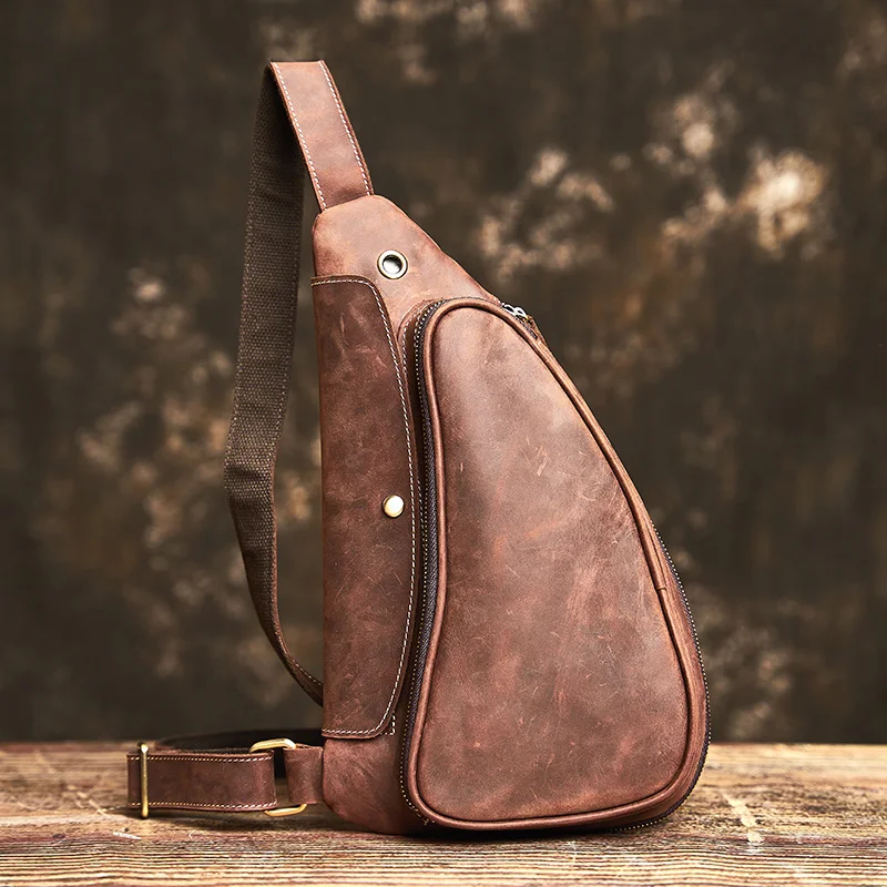 NUPUGOO – Echte Leder-Vintage-Brusttasche für Herren, als Umhängetasche oder Schultertasche tragbar, hochwertiges Leder, multifunktionaler Reißverschluss für 9,7-Zoll-Geräte. – Detail 2