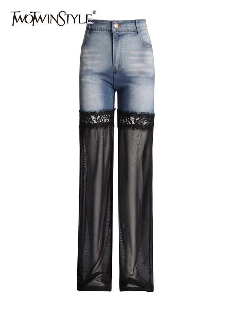 

TWOTWINSTYLE Colorblock Spliced Demin Cusual Pants For Women High Waist Patchwork Pockets Loose Wide Leg Pant Female Fashion New