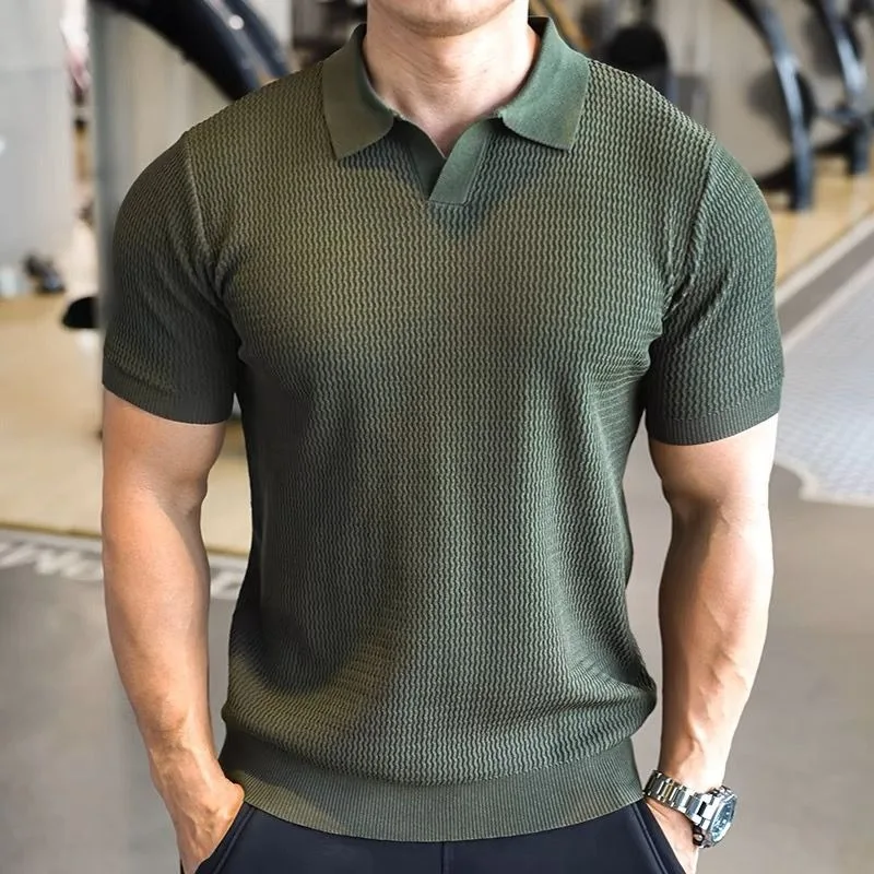 Polo de punto para hombre, de seda helada transpirable, elástico, ajustado, de color liso, con solapa y manga corta, ideal para verano.