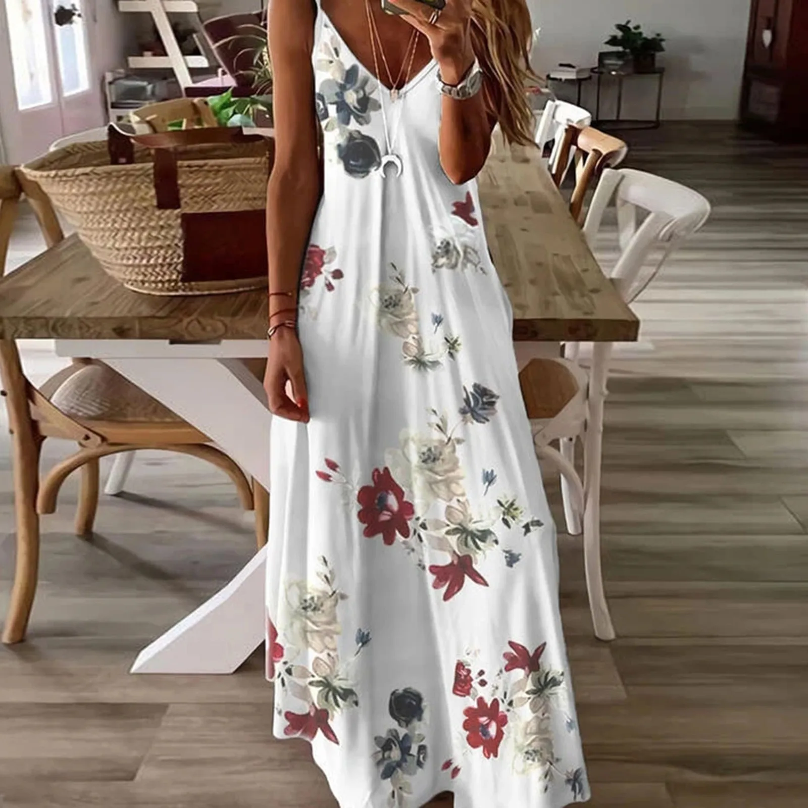 Vestido largo con tirantes finos para mujer, traje Floral sin mangas, informal, con cuello en V, holgado, bohemio, para vacaciones y playa