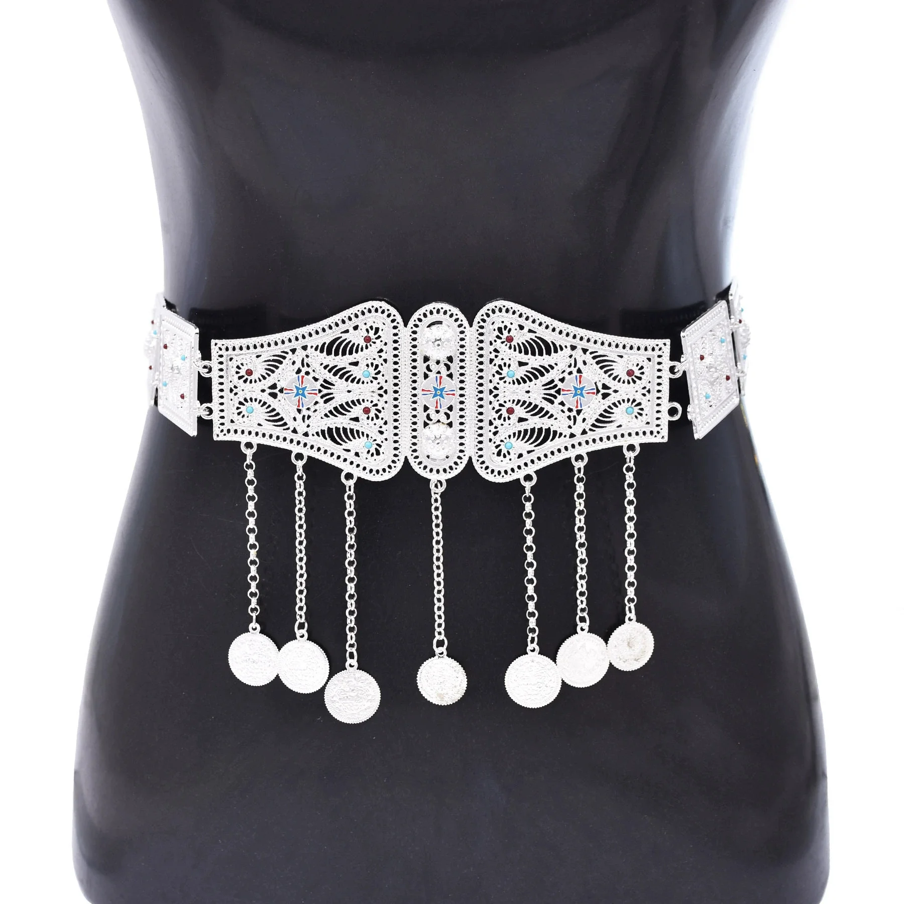 

Silvery Assyrian Belt Hair Accessories for Women Kurdish Hollow Ethnic Waist Belly Chain Colorful Flag Leaf Coins Tassel Jewelry