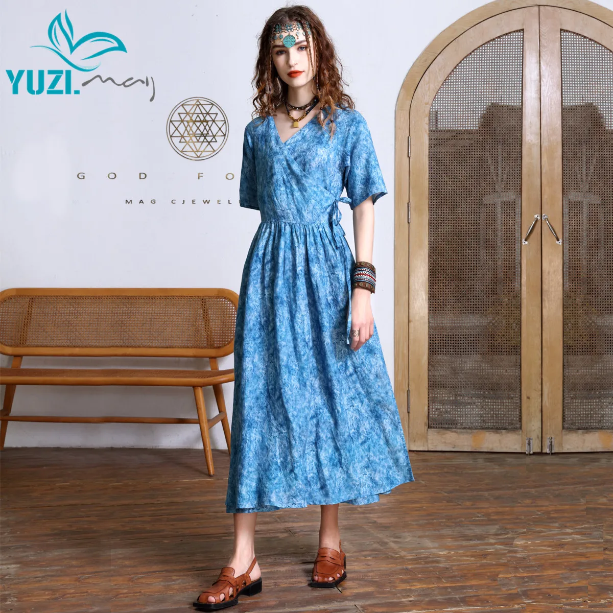 Yuzi-Vestido bohemio de lino y seda para mujer, Vestido femenino de manga corta con botones, cuello en V y cordón, A82510, 2022