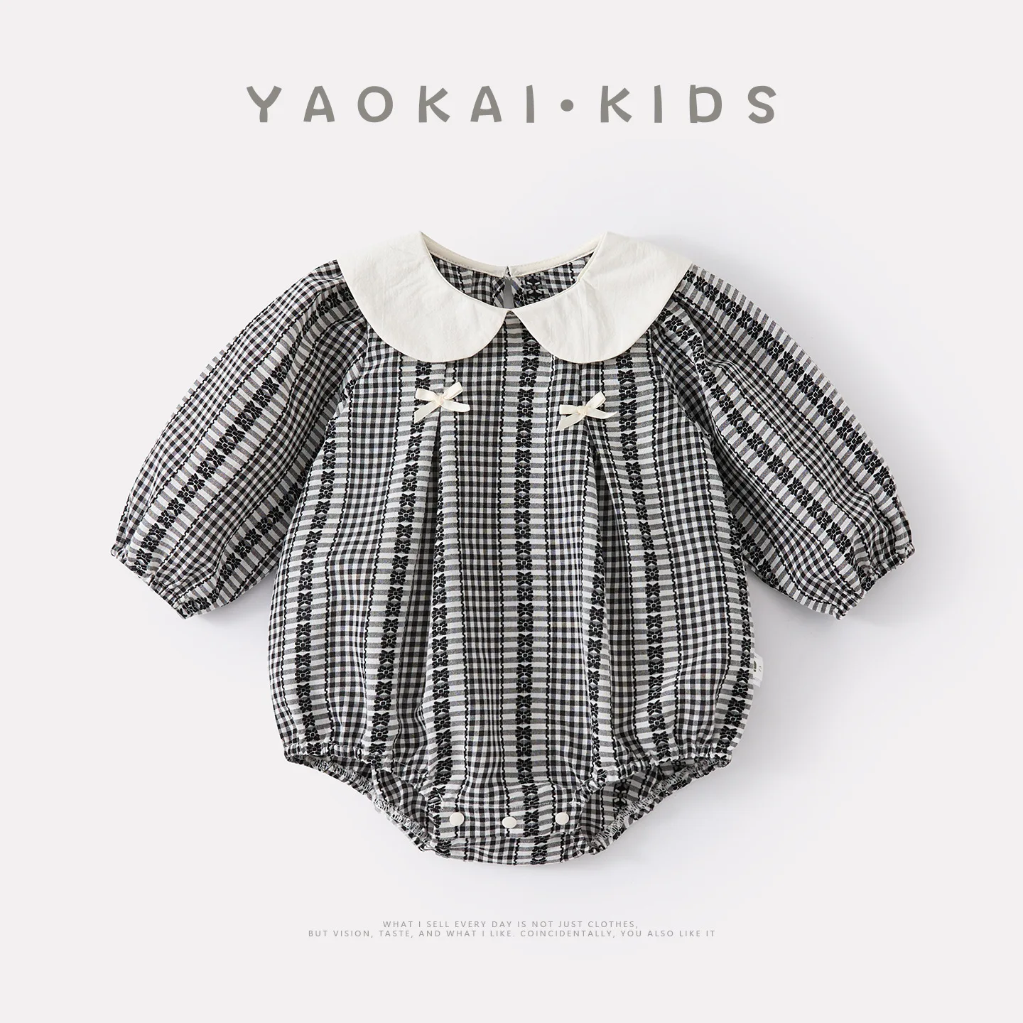 

2026 Spring New Baby Turn-down Collar Checkered Rompers for Girls Baby Fashion Peter Pan Collar Bow Triangle Climbing Clothes