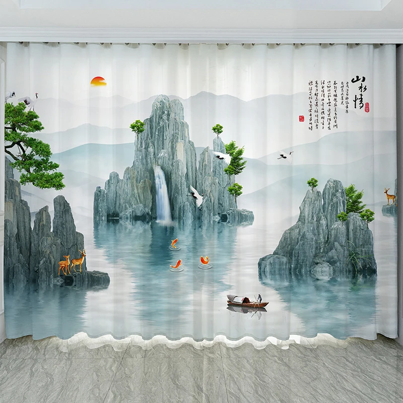 New Chinese Landscape Ink Landscape Painting Chinese Style Living Room Balcony Tea Room Partition Curtain Window 2 panels