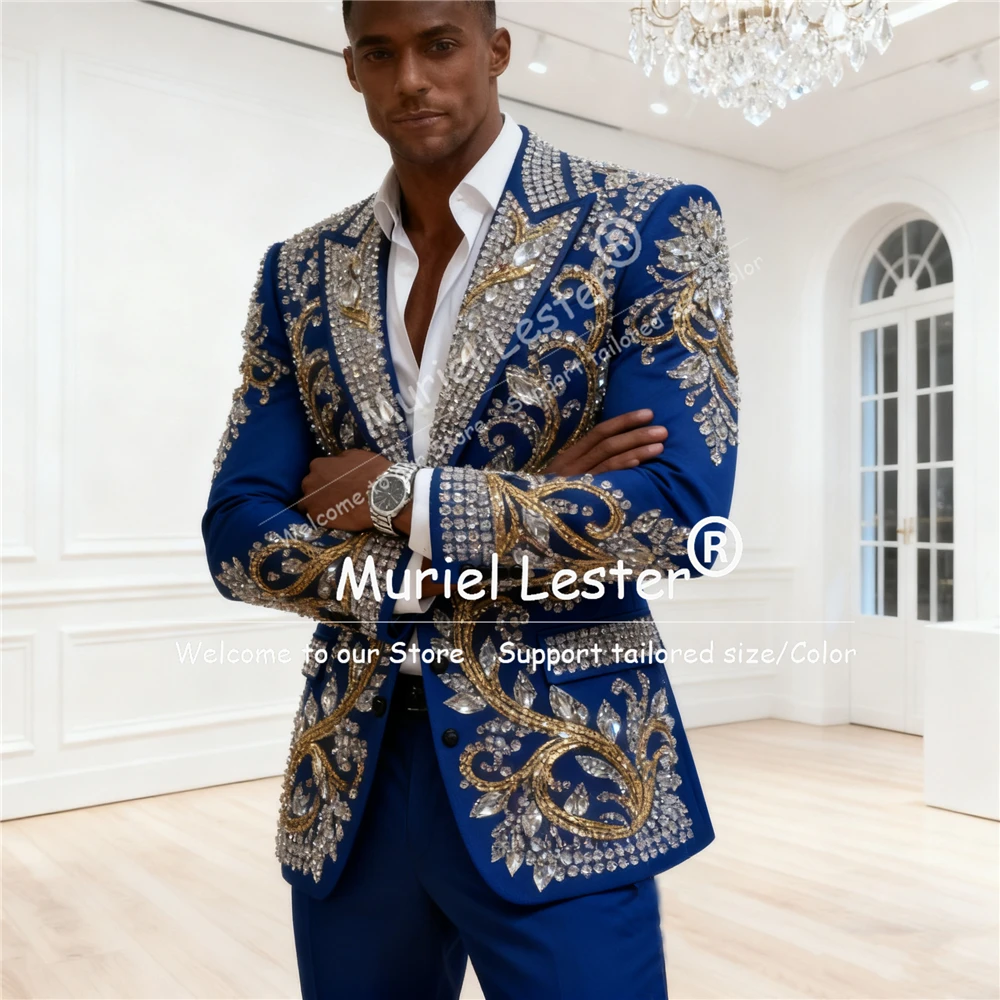 Diamond Beaded Stones Suit For Men 2 Pieces Sets Peaked Lapel Prom Blazer Customized Man Attire Formal Party Groom Tuxedo Luxury