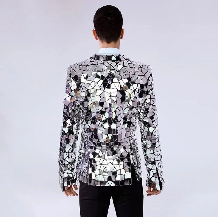 New Celebrate Silver Mirror Jacket Glass Man Performance Costume Shiny Mirror Diamond Suit Coat Star Blazers Jacket Coat