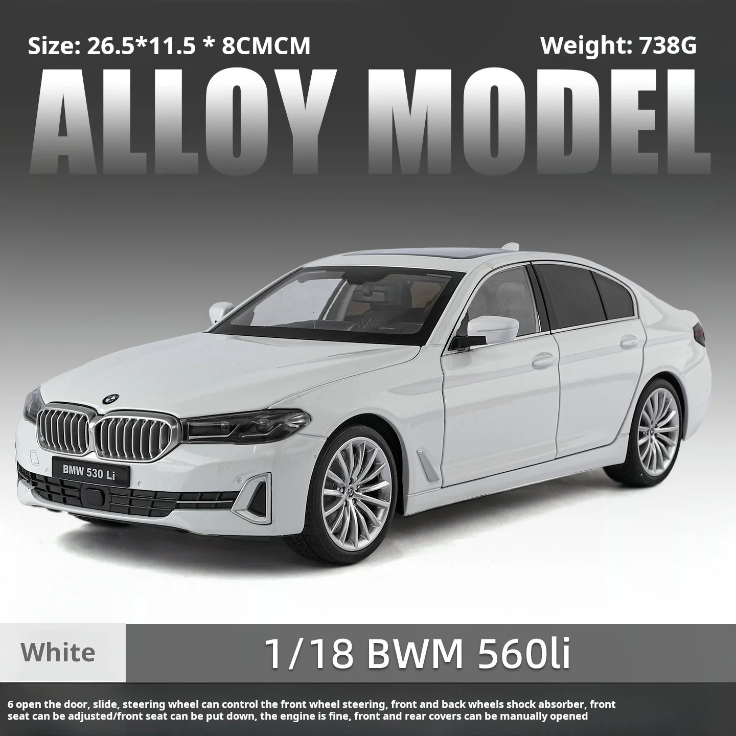 Modelo de coche fundido a presión BMW 530 a escala 24 oficialmente autorizado, juguete con sonido y luz, adornos coleccionables de regalo para niños