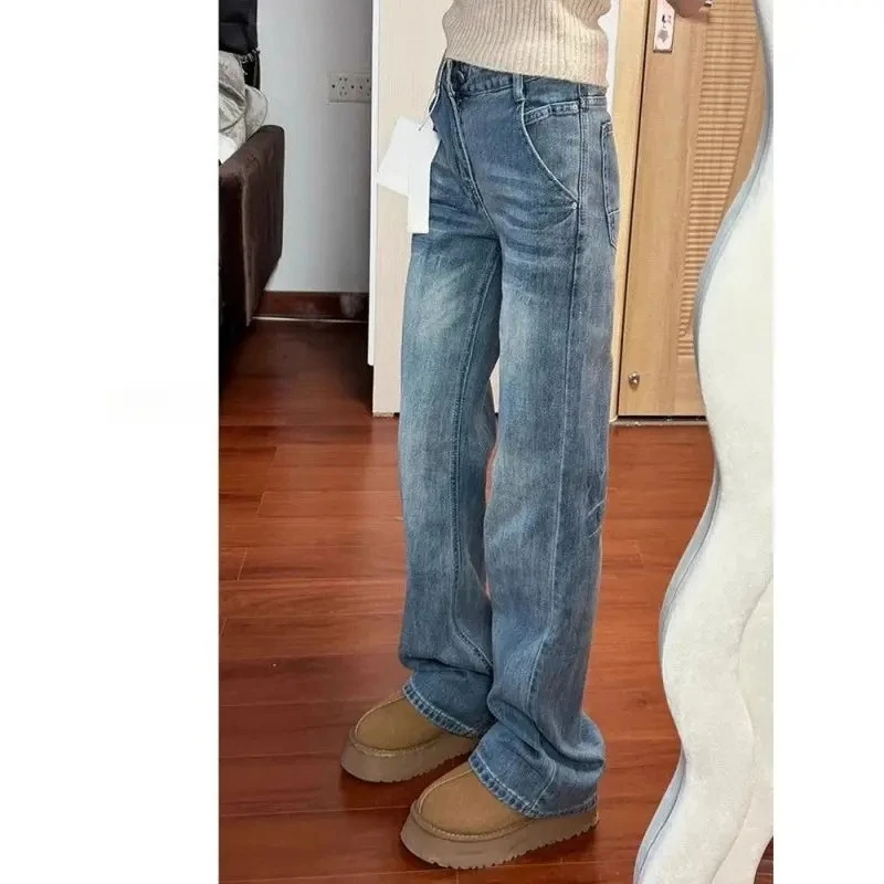 

Jeans Straight Pants Women High Waist Washed Distressed Pockets Vintage Trousers 2025 Female Streetwear Denims Floor Length