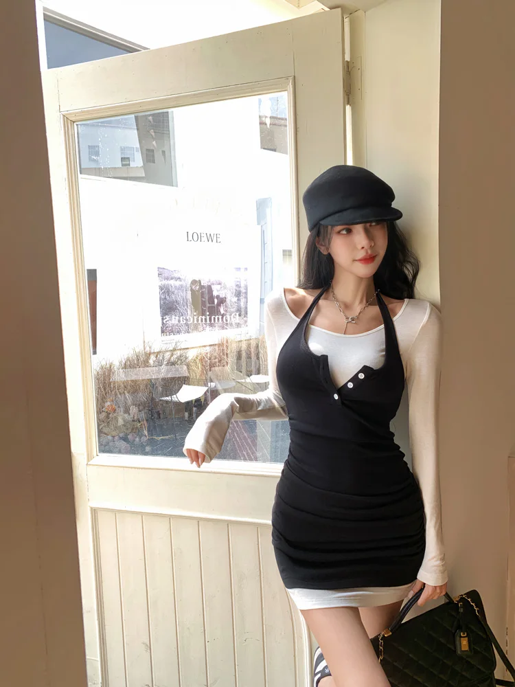 

Bla White Color Blo Slimming Design ort Dr Women's High Ne Hang Ne Long Sve A-Line Skirt Fake Two-Piece Dr