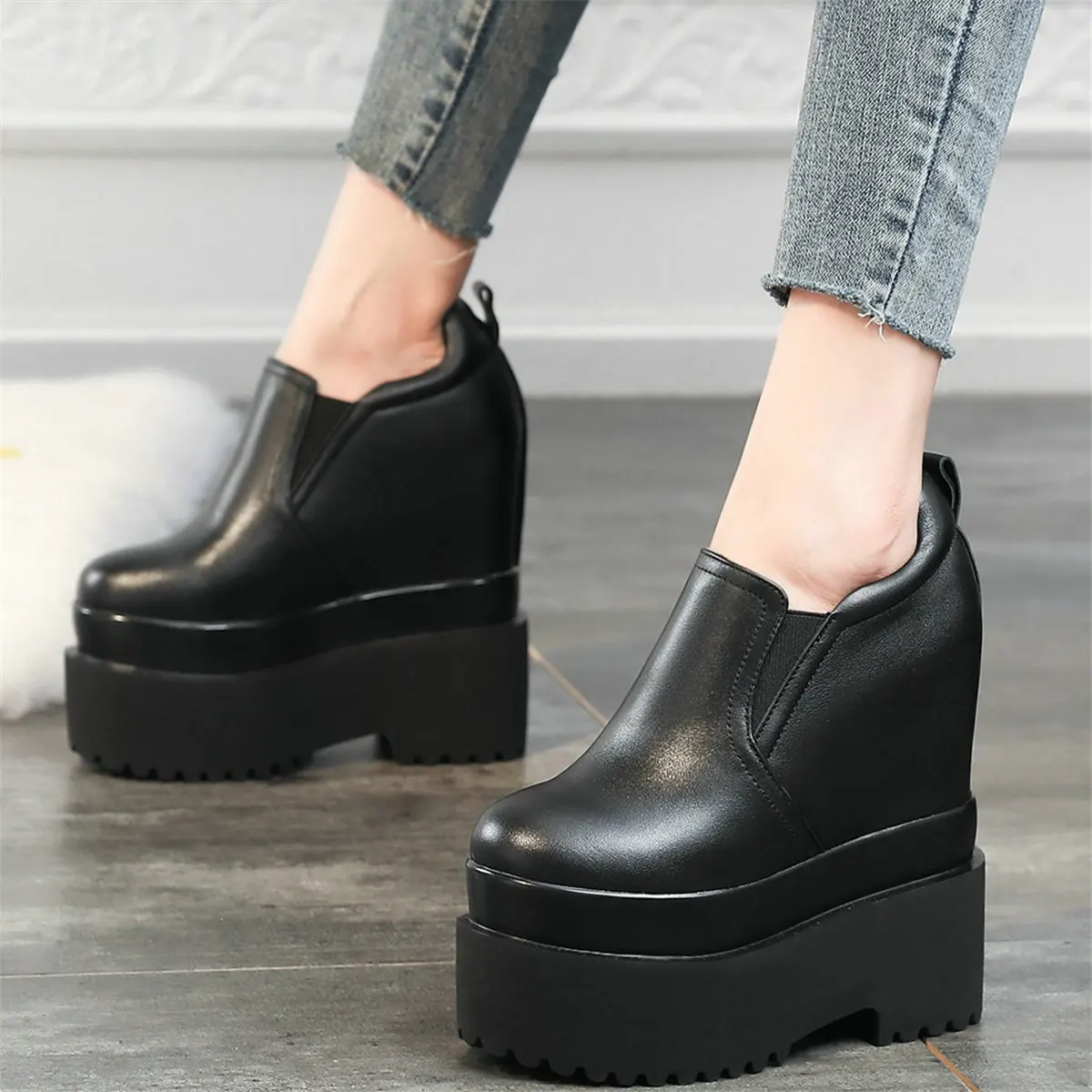 12cm High Heel Pumps Plus Size Shoes Women Genuine Leather Wedges Ankle Boots Female Round Toe Fashion Sneakers Big Size Shoes