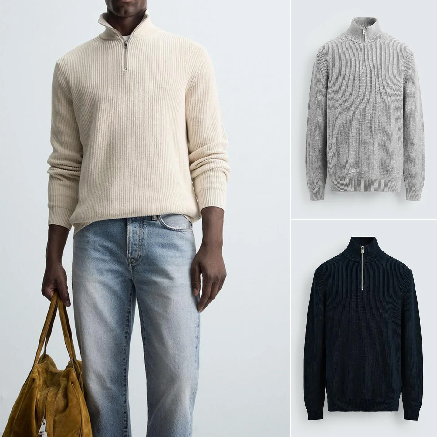 

Свободный крой на молнии Ne Трикотаж Повседневный мужской осенний новый свитер с высоким воротником Удобный дышащий свитер из органического хлопка...