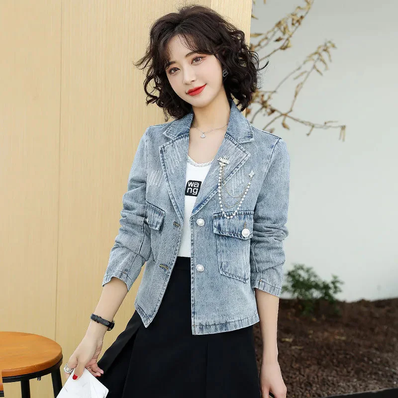 جديد 2025 معطف الدنيم سترة نسائية ربيع الخريف النسخة الكورية موضة قصيرة نمط كاوبوي البدلة جاكيتات علوية Mujer الأنثوية