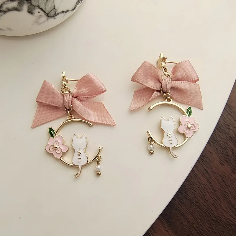 Korean Fashion Bow Cute Animal Kitten Dangle Earrings for Women Sweet Flower Rabbit Asymmetric Tassel Earrings Party Jewelry