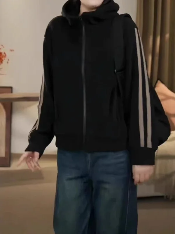 

Свободная женская толстовка-худи больших размеров с черными полосками, длинными рукавами, повседневный топ, весна 2026, новинка, удобная уличная одежда