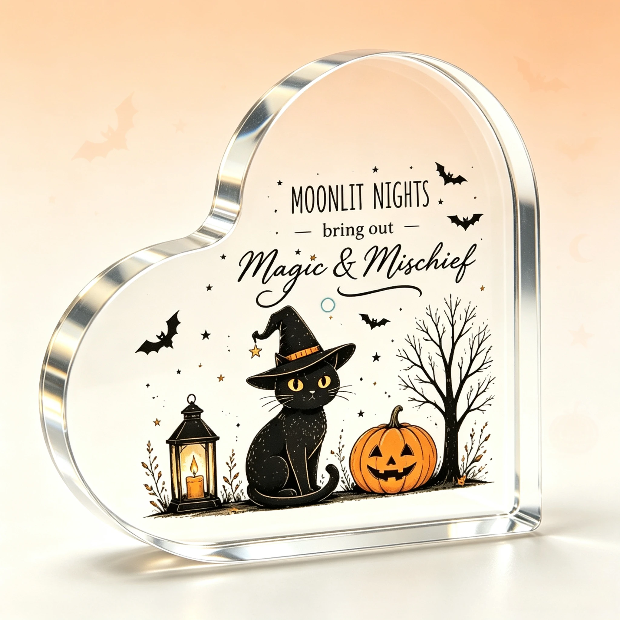 Cute Witch Cat Halloween Scene Heart‑Shaped Acrylic Keepsake, Holiday Desktop Gift,Cozy Halloween Decoration