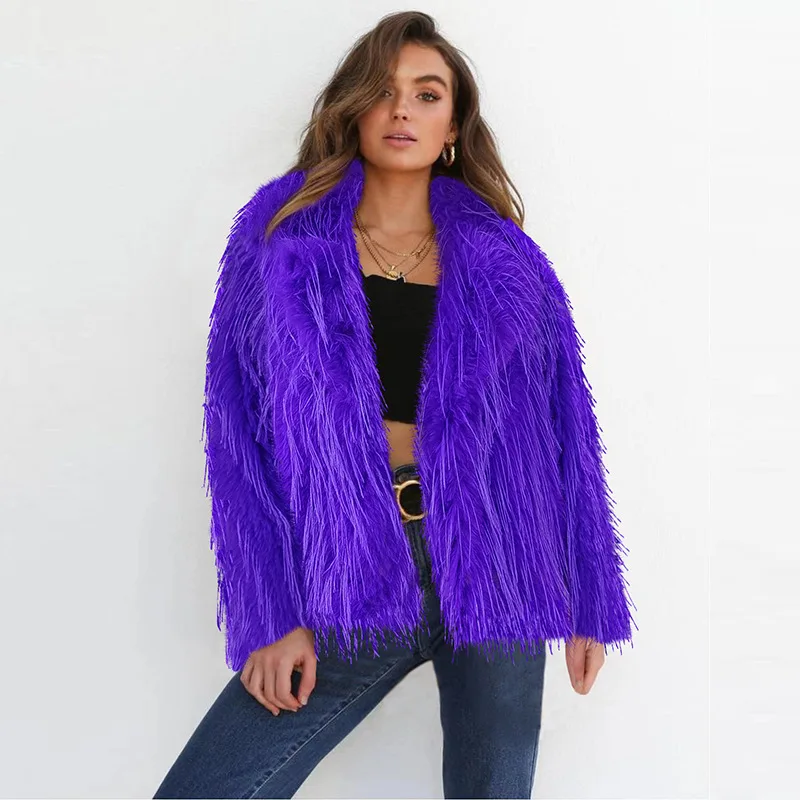 Luxury Brand Lapel Tassel Fluffy Fur Coats Women Autumn Winter Faux Fur Jacket Warm Design Long Sleeve Tops Loose Casual Coats