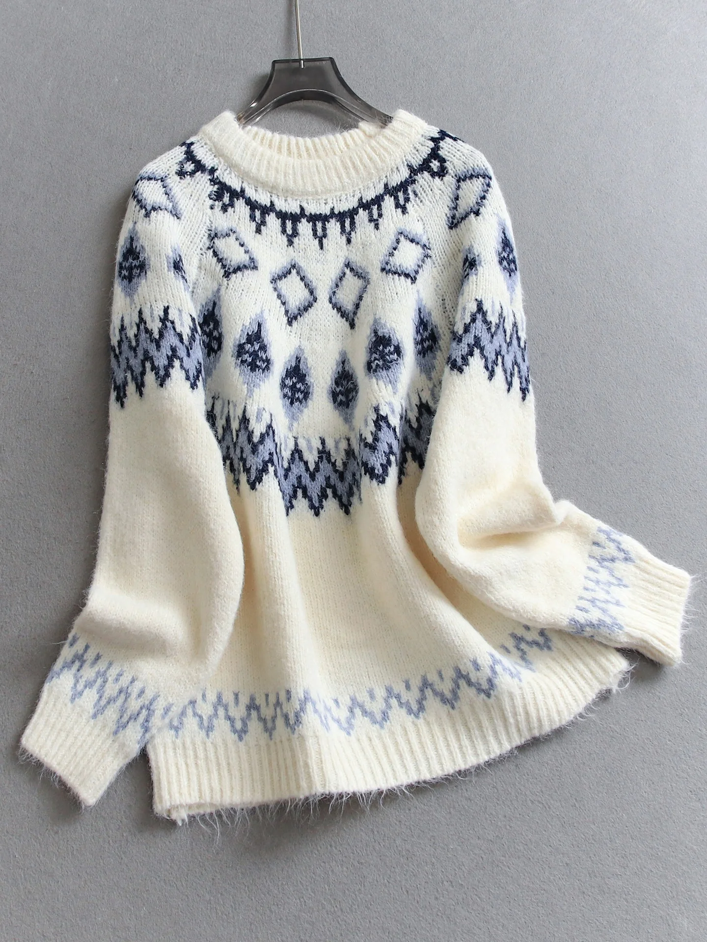 سترة محبوكة طويلة من Color Blo Retro Fair Isle سترة دائرية Ne بلوفر ناعم صديق للبشرة ملابس تريكو شتوية غير رسمية للنساء