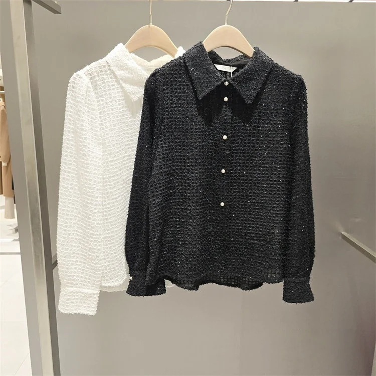 

Korean Style Slimming Plaid Shirt Collar Top for Girls Commute Versatile Elegant Fashionable Long Sleeve Pure Color Button De...