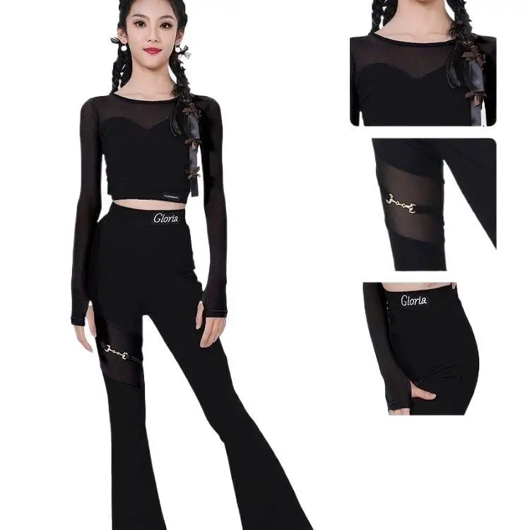 Children's Latin Dance Costume Girls' Long-sleeved Split Suit Mesh Top Flared Pants New