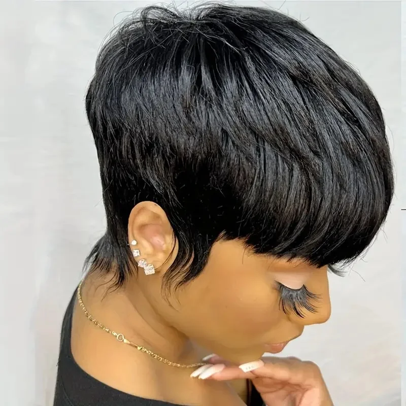 ショート人毛ウィッグ ピクシーカット ストレート 女性用 フルマシンメイドウィッグ 前髪付き