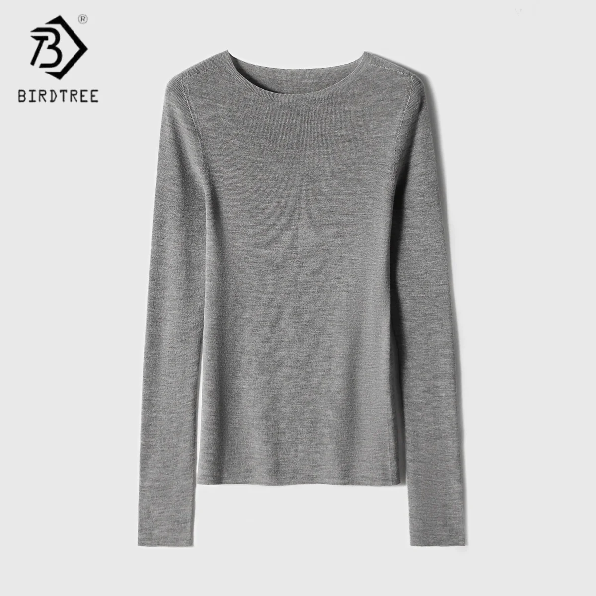 Birdtree,100% Sheep Wool Undershirt,Women Knitted O-neck Warmth Shirt,Seamless,2025 Autumn Winter Basics Soft Pullover T5N714JF